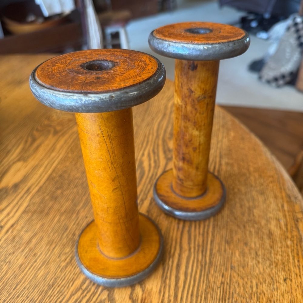 Vintage Wooden Textile Spool Pair — Orange Ends w/Metallic Bands